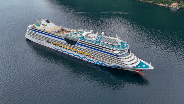 30 july 2025, Vik i Sogn, Norway. Aerial, high angle view, Aerial bird view of Aida diva cruise ship lying in the fjord of Vik I Sogn.