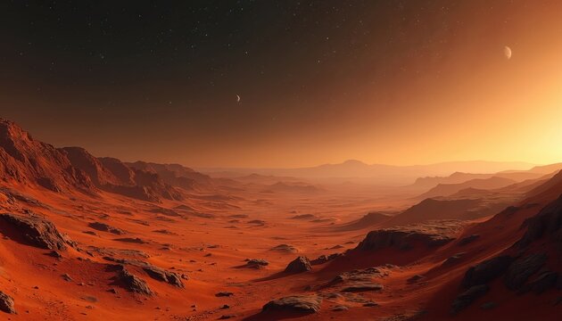 Vast orange terrain with rocky hills and mountains under starry sky. Sun rises on the horizon, casting long shadows. Distant planet visible in atmosphere.