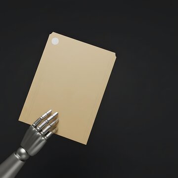 Robotic mechanical arm holding blank vertical paper against dark wall