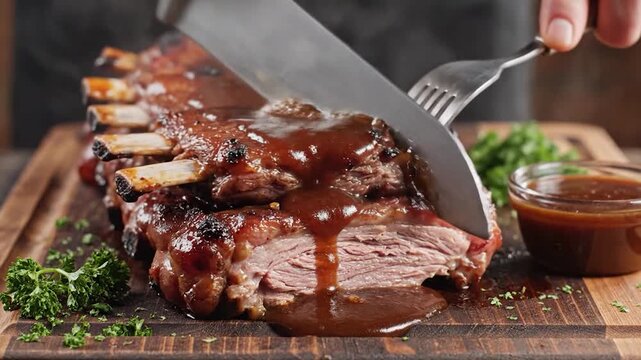 Delicious barbecued pork ribs being expertly sliced on a rustic wooden board.