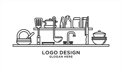 Naklejka premium Minimalist Kitchen Utensils and Sink Line Art Logo Design.
