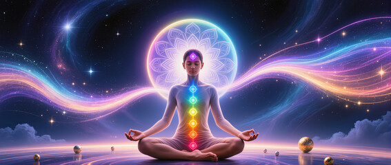 Meditation journey through the vibrant chakras and cosmic energy in a peaceful universe