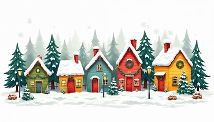 Fototapeta premium Colorful cartoon houses in snow covered village with pine trees. Festive winter scene with snowflakes falling. Houses decorated with wreaths, garlands. Cozy Christmas holiday atmosphere, New Year
