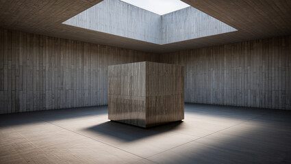 Light dances over a wooden cube in a serene, modern room at midday