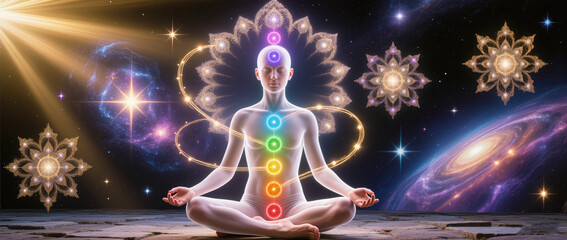 Meditative figure in cosmic space surrounded by colorful chakras and sacred patterns