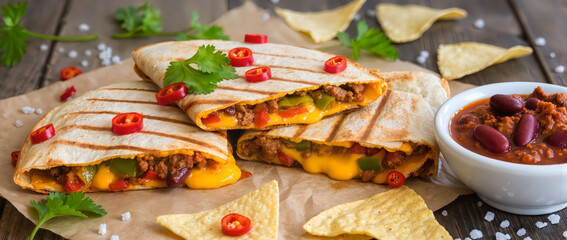 Delicious cheesy quesadillas with savory ingredients served with salsa and tortilla chips