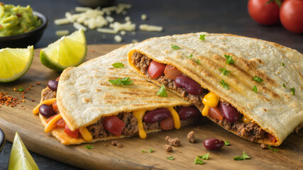 Sizzling tacos filled with beef, beans, and cheese on a rustic wooden board