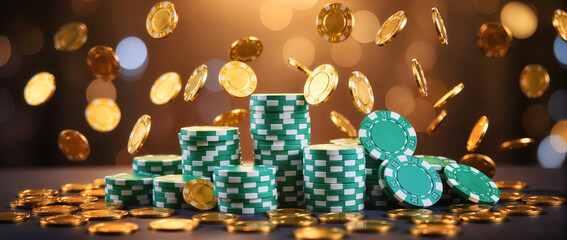 Colorful chips and shiny coins create a vibrant casino atmosphere at night