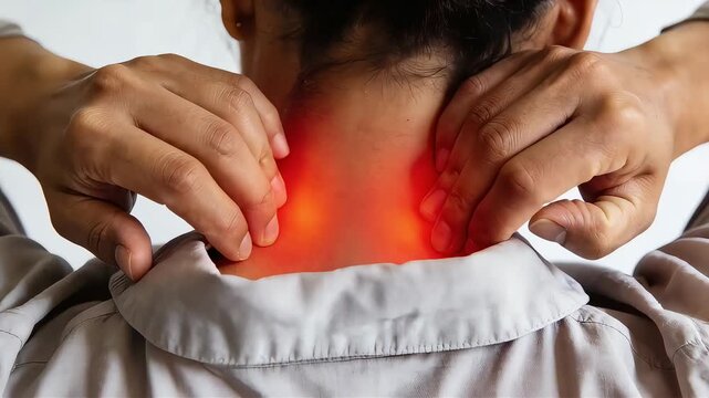 Woman suffering from severe inflammation and pain in the back of her neck. Close-up shot of the affected area highlighted in red