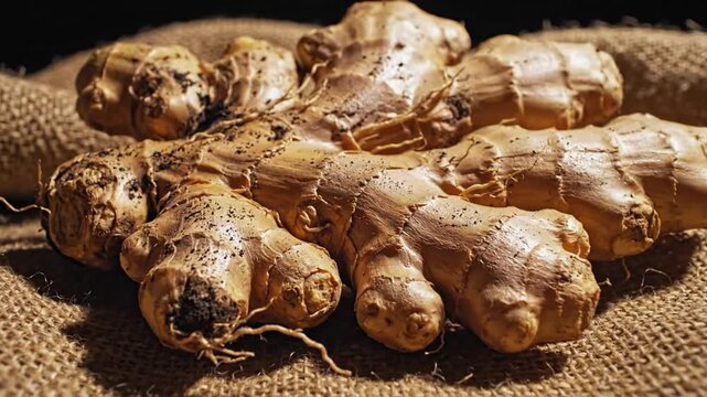 Close-up of a fresh ginger root resting on burlap, showcasing the texture and detail of the spice for culinary or health concepts.