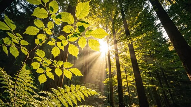 Sunlight beams through the towering trees of a vibrant forest as a squirrel climbs upwards