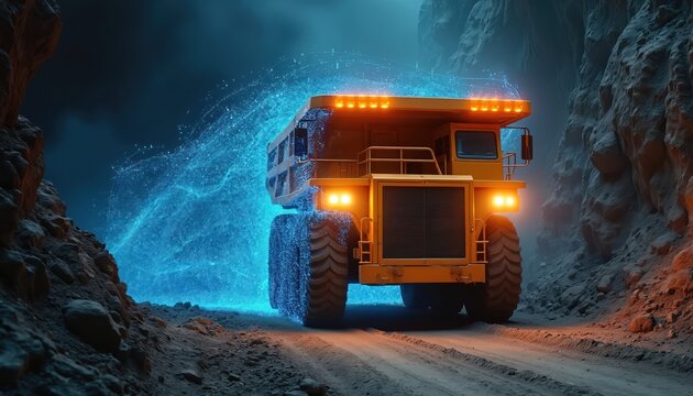 Yellow autonomous mining truck drives on dirt road in quarry. Blue digital energy surrounds vehicle, showing smart tech for navigation and earth excavation. Future of mining industry.