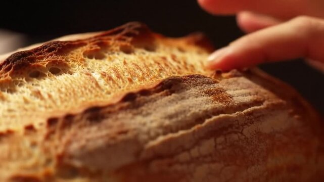 A hand is touching a piece of bread with a white crust. The bread is slightly burnt and has a slightly crispy texture