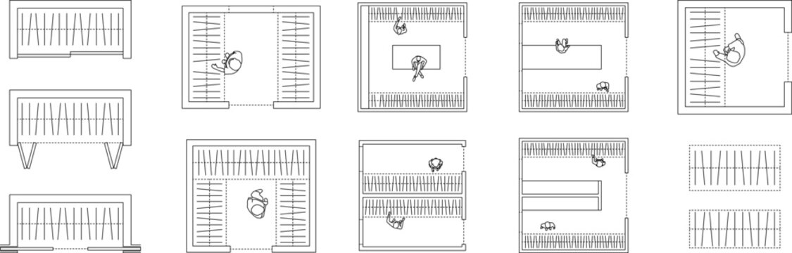 closet set, walk-In closet, floor plan, top view, blueprint, architectural elements, editable stroke, vector, illustration