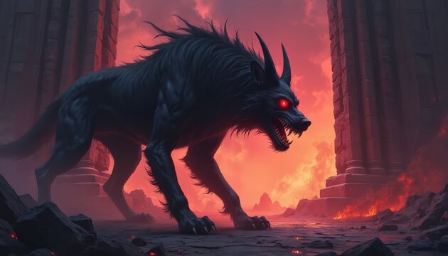 Black dog creature with glowing red eyes walks near ancient pillars. Fiery sky overhead, ground below suggest hellish underworld. Monster guards entrance with sharp teeth, claws, looking menacing.