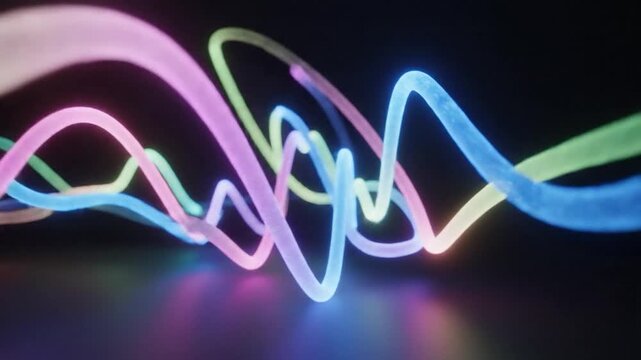Vibrant neon light trails flow and intertwine creating an abstract background.