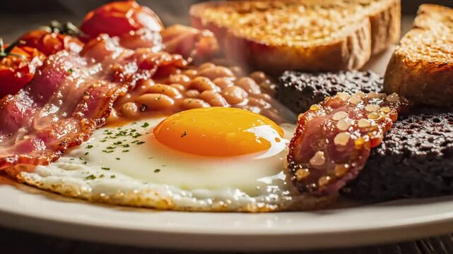 Savory English Breakfast: Sizzling Bacon, Sunny-Side-Up Egg, and Toasted Bread on a Wooden Table