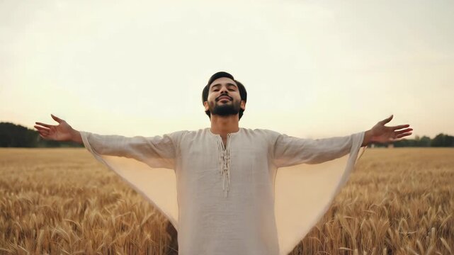 Man stands in wheat field with arms wide open during sunset in summer