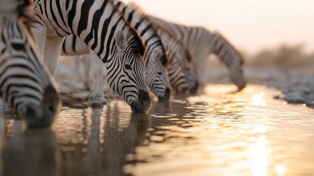 Group of zebras drinking water from a shallow body of water. the water is reflecting the warm colors of the setting sun, creating a mirror-like effect on the surface.