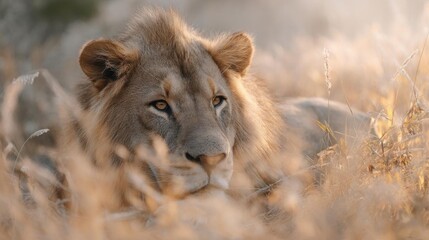 Obraz premium Close-up of a lion's face. the lion is lying in a field of tall, golden grass. its fur is a golden-brown color and its eyes are a piercing yellow.