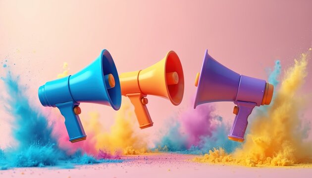 Three megaphones in bright colors blue orange purple burst with colorful powder clouds. Announce, promote, or advertise your message loud with these vibrant tools. Good for campaigns and alerts.