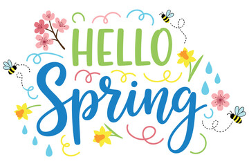 Fototapeta premium Hand drawn Spring lettering composition decorated with flowers, leaves and botanical doodles for greeting cards, posters, stickers, and seasonal spring designs