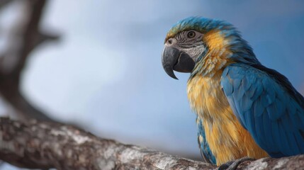 Obraz premium Close-up of a blue and gold macaw perched on a tree branch. the macaw has a bright blue body with gold accents on its wings and tail.