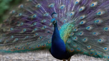 Fototapeta premium Close-up of a peacock with its feathers spread out in the air. the peacock is standing on a gravel ground with trees in the background.