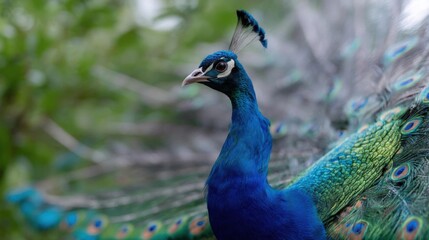 Close-up of a peacock's head and neck. the peacock is facing towards the right side of the image, with its head slightly tilted to the left.