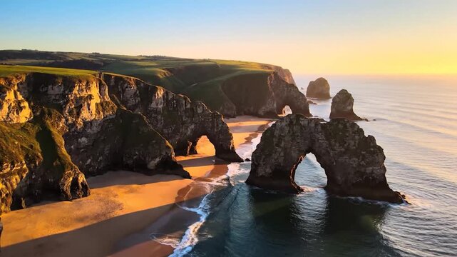 Aerial view shows sunlight hitting the y arches on coastline.