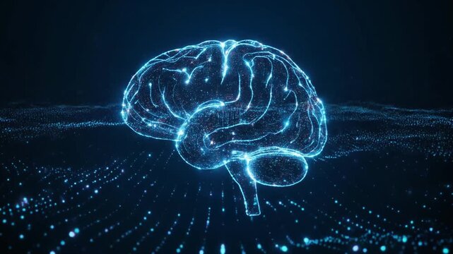 Light particles forming a digital brain shape, subtle pulsing motion