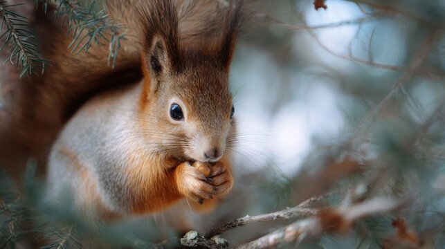 Close-up of a red squirrel sitting on a branch of a pine tree. the squirrel is facing the camera and is holding a nut in its paws.
