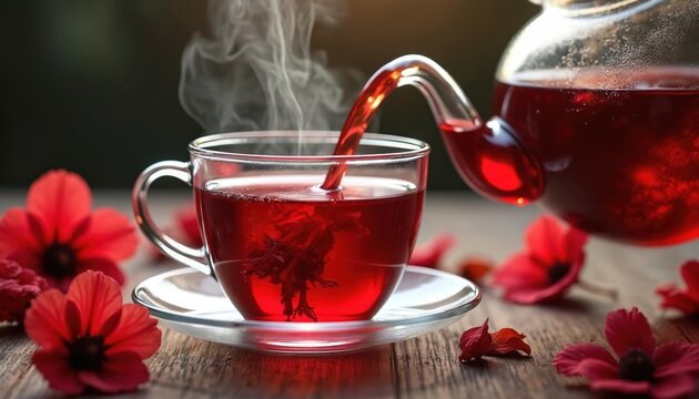 Hot red hibiscus tea pours from glass pot into transparent mug. Steam rises above warm herbal infusion with red flowers on wooden table. Refreshing drink.