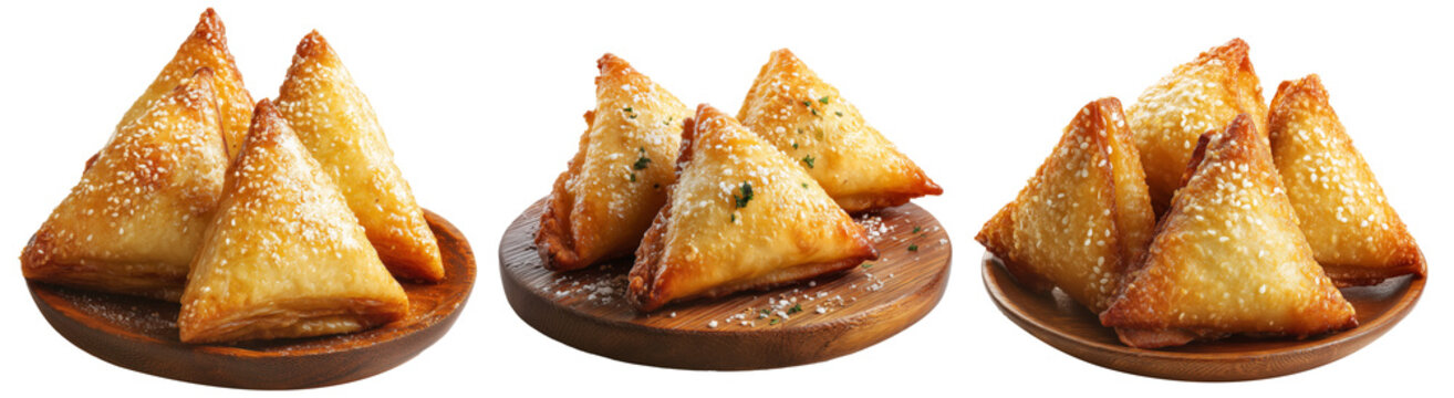 Set of Briouat triangular fruit filled pastries, phyllo pastries filled with meat or almonds on white, Arabic sweet desserts