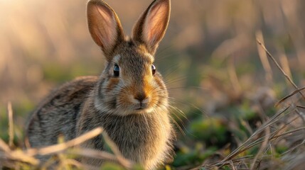 Close-up of a rabbit sitting in a field of tall grass. the rabbit is facing towards the right side of the image, with its ears perked up and its eyes looking directly at the camera.