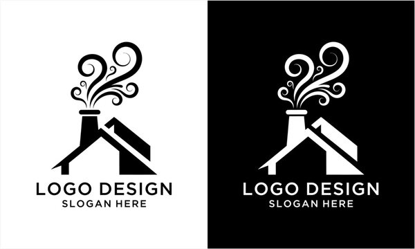 Stylized house with chimney and ornate smoke logo design.