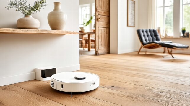 Modern robotic vacuum cleaning a bright, stylish room with wooden floors.