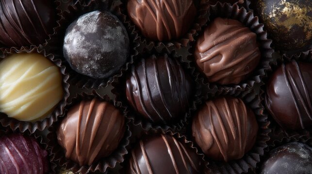 Close-up of a group of chocolates arranged in a circular pattern. there are nine truffles in total, each with a different color and texture.