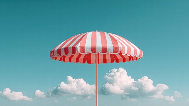 A vibrant beach umbrella against a bright blue sky with fluffy clouds.