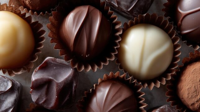 Group of chocolates arranged in a circular pattern on a gray surface. there are nine truffles in total, each with a different color - one is a light brown, one is white, and one is dark brown.