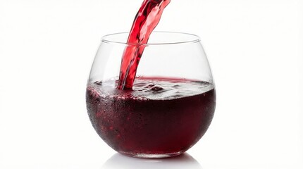 red wine pouring into clear stemless glass with splash on white background