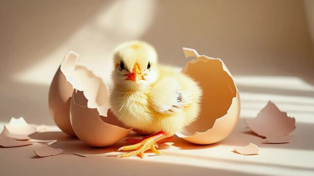 Baby chick hatches from egg in bright room with soft light and shell pieces on the surface