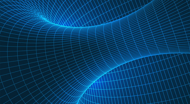 Abstract topography tunnel with 3D wireframe mesh and neon blue glowing geometric grid representing digital terrain and fluid flow, landscape vector illustration.