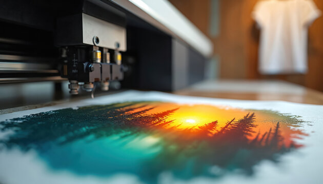 Digital printer creates colourful artwork on paper. In background, white t-shirt hangs ready for custom print job. Modern studio setting for apparel design.