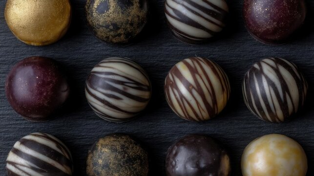 Group of nine chocolate truffles arranged in a grid-like pattern on a black surface. there are nine balls in total, each with a different color and texture.