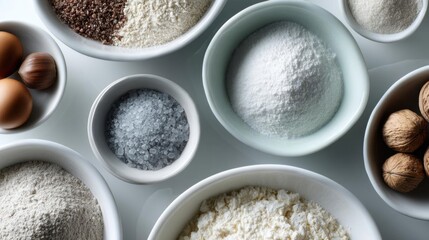Collection of nine small white bowls arranged in a grid-like pattern on a light blue background. each bowl contains a different type of flour or sugar.
