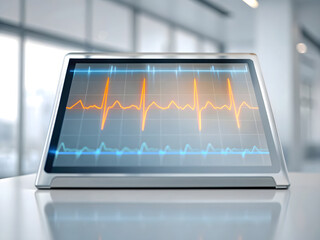 A medical monitor displays a digital heart pulse line as a glowing ECG wave on a computer screen representing health technology and hospital medicine