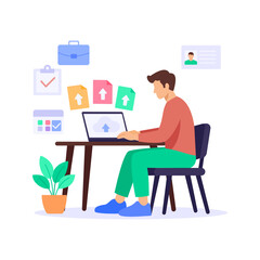 Uploading Digital Documents, submitting electronic files for verification, Flat vector character illustration