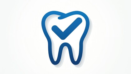 Fototapeta premium Simple blue tooth outline with check mark inside. Dental concept graphic. Symbol of oral health care cleanliness approved. Modern icon for dentist clinic website.