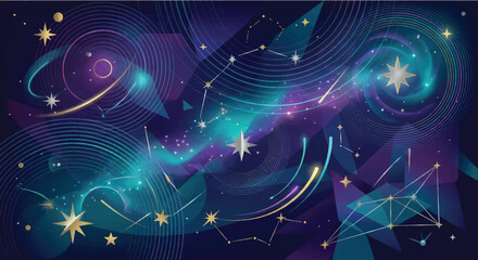 Abstract Cosmic Space Background - Galaxy Swirls and Geometric Constellations Illustration © Mr. Akash
